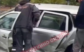 Иномарка пробила забор и вылетела на газон в Мурино