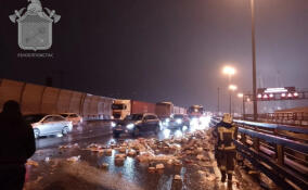 На съезде с вантового моста столкнули два грузовика и легковушка
